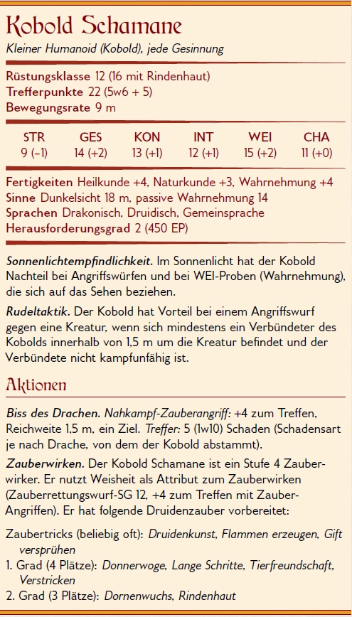 Deutscher Spielwerte Statblock DnD 5e NSC Kobold Schamane