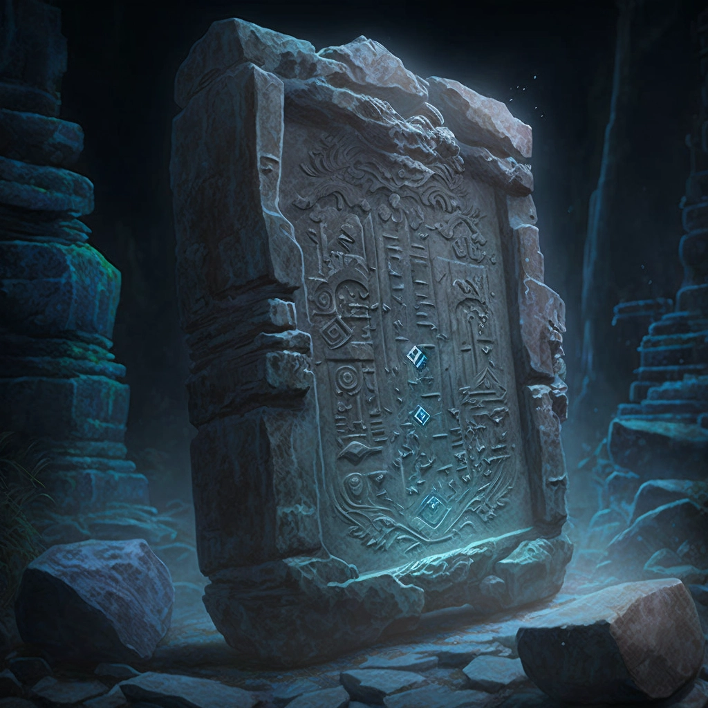 Steintafel mit Glyphen und Runen in altem Tempel