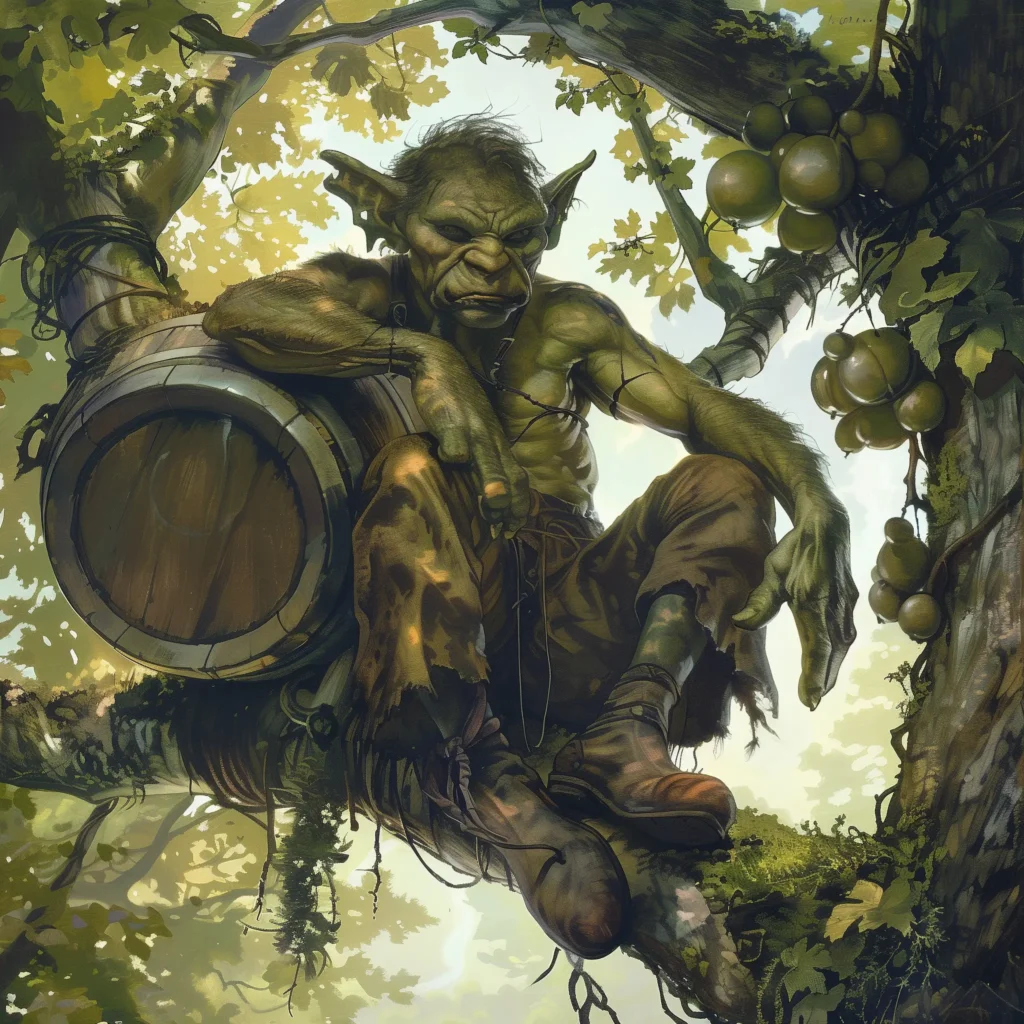 Auf dem Bild ist das DnD Monster Deutsch Goblin zu sehen, wie er in einer Baumkrone hockt und sich an ein leeres Weinfass lehnt. Er schaut grimmig und trägt dabei kein Oberteil.