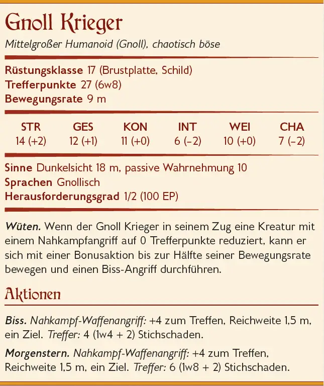 Spielwerte für das Monster Gnoll Krieger für das Rollenspiel Dungeons and Dragons 5e