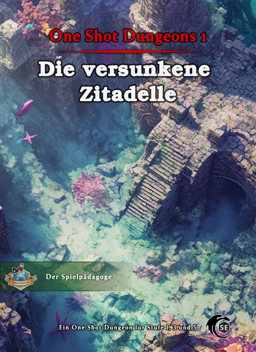 Auf dem Coverbild des Abenteuers Die versunkene Zitadelle sind Unterwasserruinen am Meeresgrund zu sehen. Dort wachsen überall Korallen drauf.