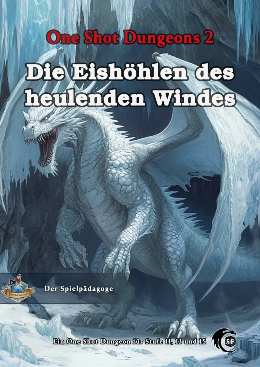 Auf dem Coverbild des Abenteuers Die Eishöhlen des heulenden WIndes ist ein ausgewachsener weißer Drache zu sehen, der bedrohlich vor einem Höhleneingang steht