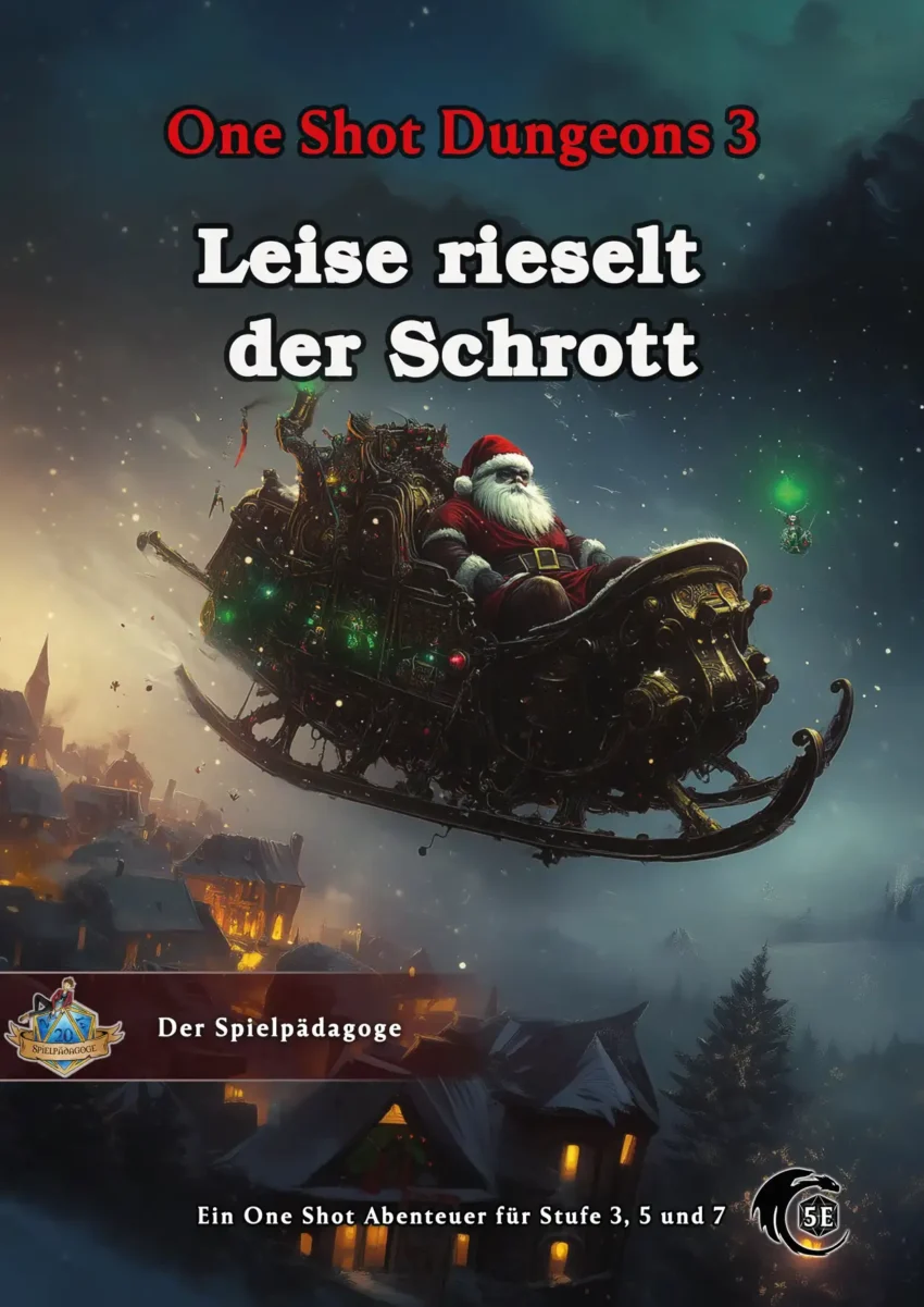 Auf dem Coverbild des D&D 5e Abenteuers Leise rieselt der Schrott sieht man einen Duergar (Zwerg) als falschen Weihnachtsmann verkleidet in einem selbstgebauten, fliegenden Schlitten über einem Dorf bei Nacht fliegen. Das Schiff verliert Schrotteile.