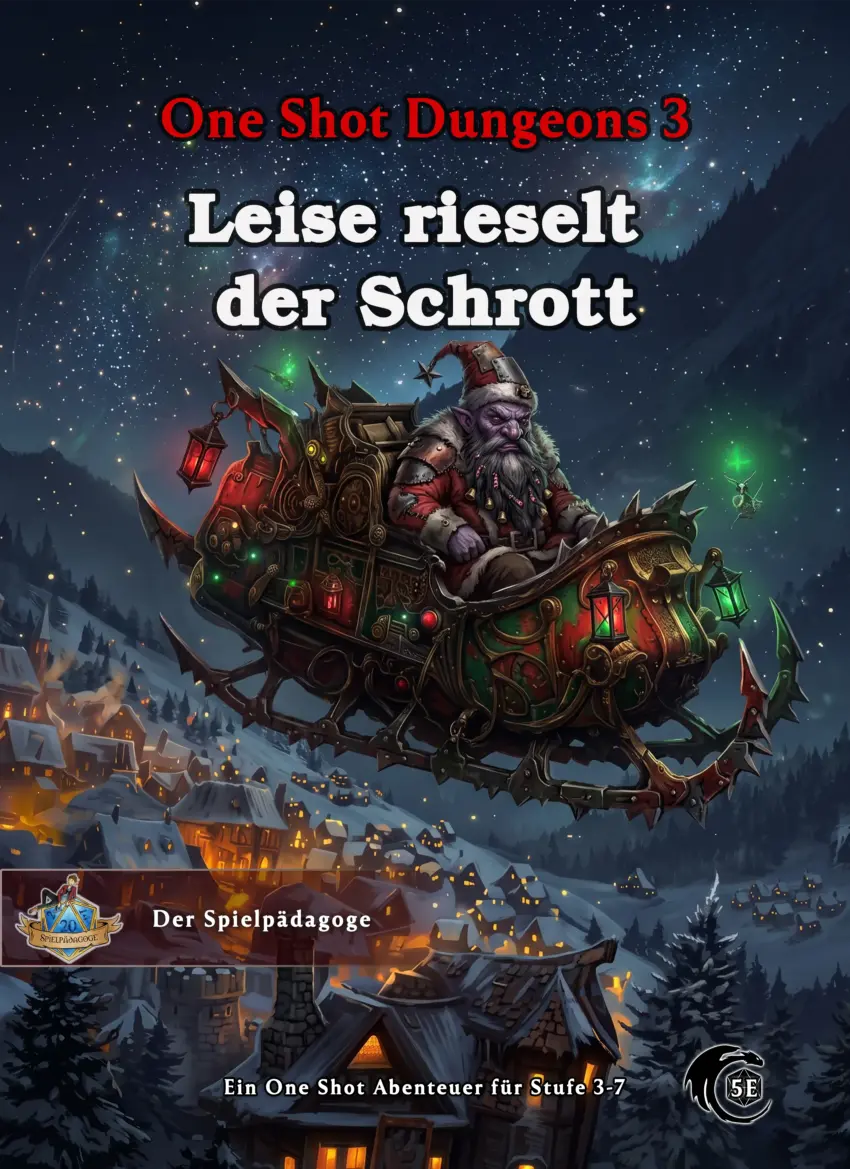 Auf dem Coverbild des D&D 5e Abenteuers Leise rieselt der Schrott sieht man einen Duergar (Zwerg) als falschen Weihnachtsmann verkleidet in einem selbstgebauten, fliegenden Schlitten über einem Dorf bei Nacht fliegen. Das Schiff verliert Schrotteile.