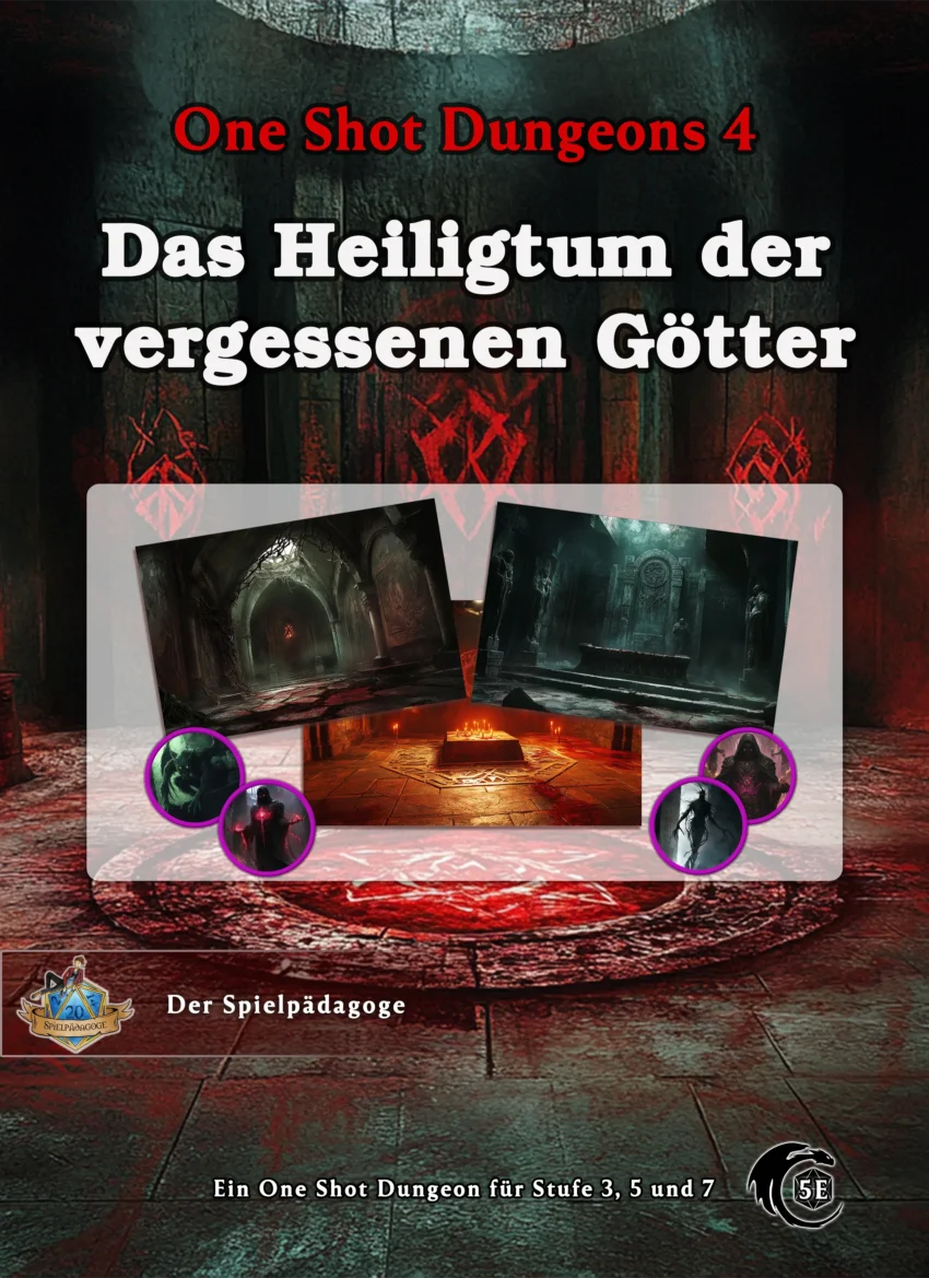 Auf dem Bild sind Stimmungsbilder und Tokens für das DnD One Shot Abenteuer Das Heiligtum der vergessenen Götter zu sehen. Im Hintergrund befindet sich ein magischer Kreis mit Blut gezeichnet. An den Wänden sind mit Blut Runen gezeichnet.