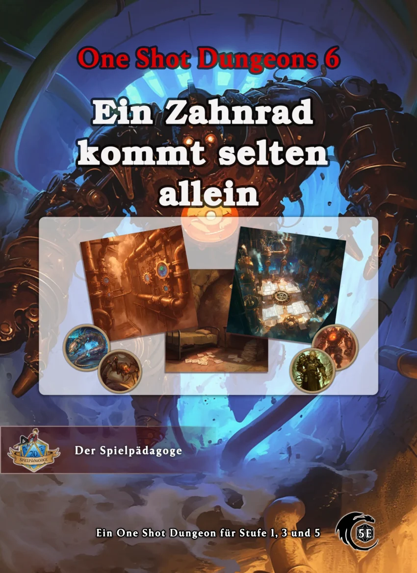 Auf dem Bild sind Stimmungsbilder und Tokens für das DnD Steampunk Abenteuer Ein Zahnrad kommt selten allein ist ein mit Dampftechnik betriebener Uhrwerk-Soldat aus Messingplatten zu sehen, der durch die Kanalisation rennt.