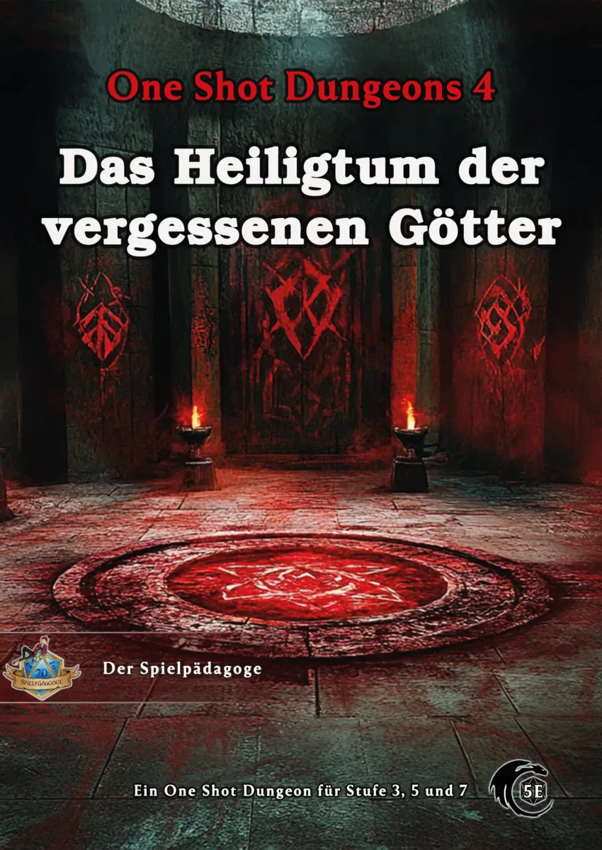 Auf dem Bild des DnD5 One Shot Abenteuer Das Heiligtum der vergessenen Götter befindet sich ein magischer Kreis mit Blut gezeichnet. An den Wänden sind mit Blut Runen gezeichnet. Das Bild hat eine gruselige Stimmung