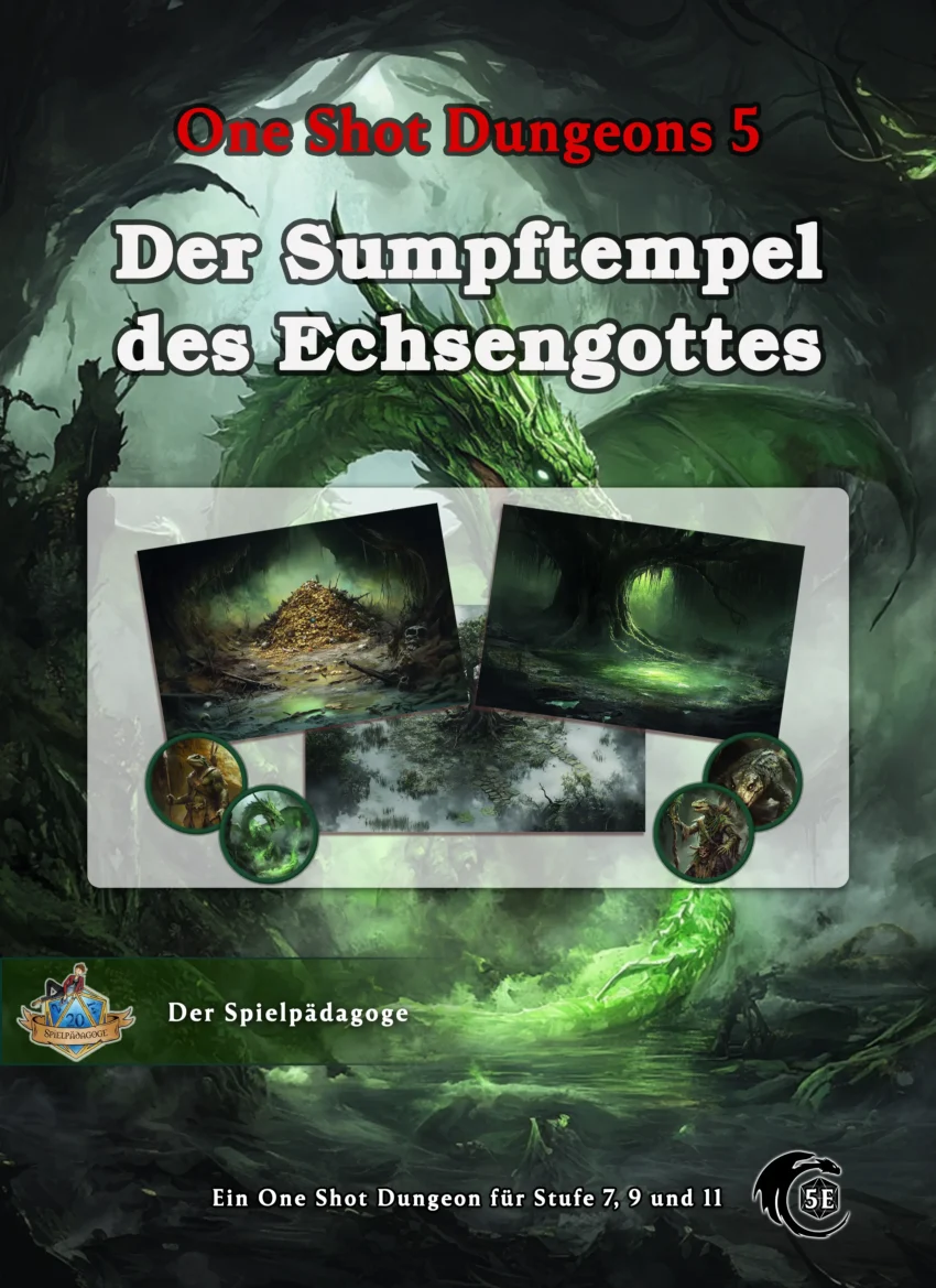 Auf dem Bild sind Stimmungsbilder und Tokens für das DnD One Shot Abenteuer Der Sumpftempel des Echsengottes zu sehen. Im Hintergrund ist der grüne Drache Moosfang abgebildet, wie er ein Säurebad umgeben von giftigem Nebel nimmt.