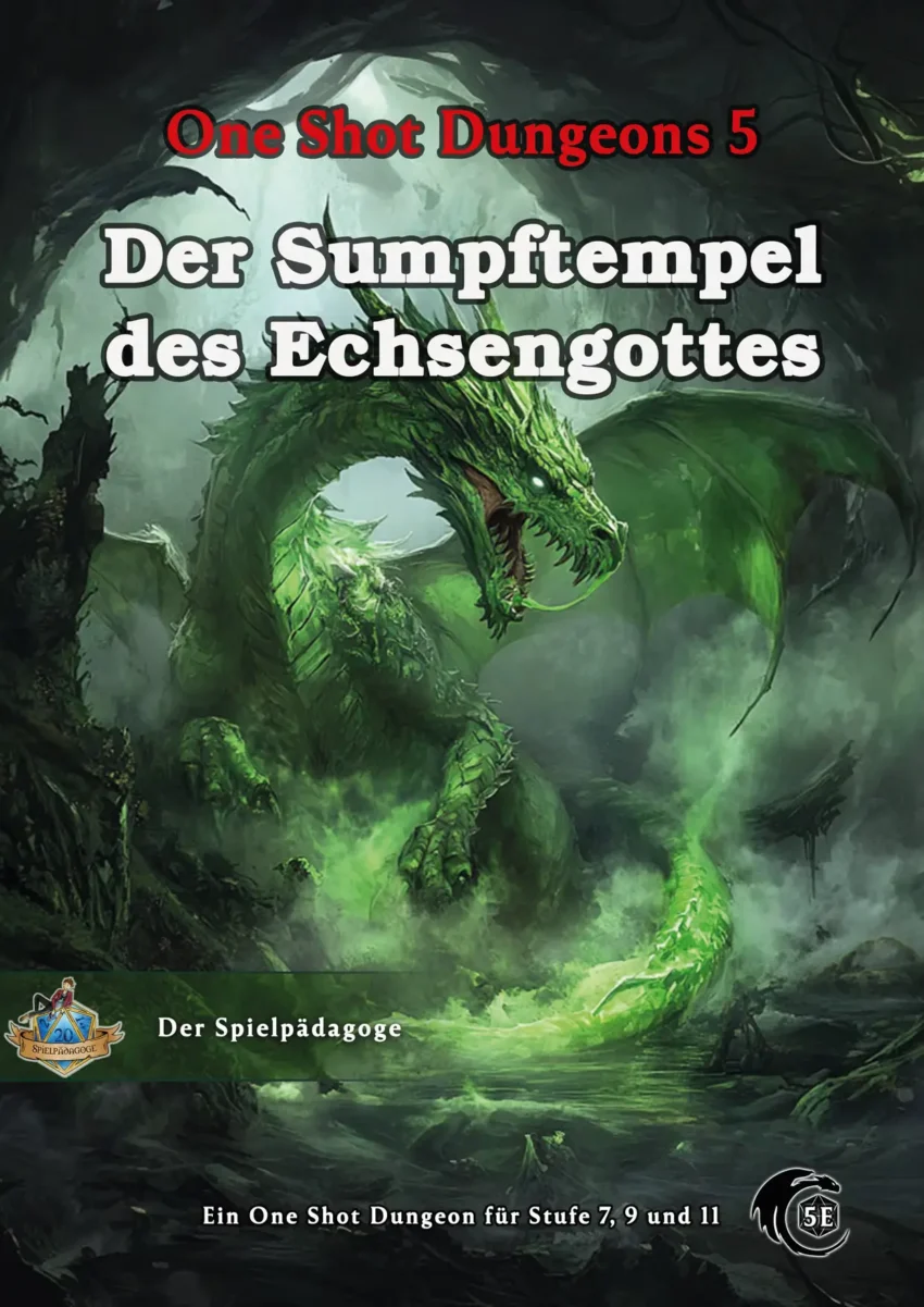 Auf dem Coverbild des DnD One Shot Abenteuer Der Sumpftempel des Echsengottes ist der grüne Drache Moosfang abgebildet, wie er ein Säurebad umgeben von giftigem Nebel nimmt.