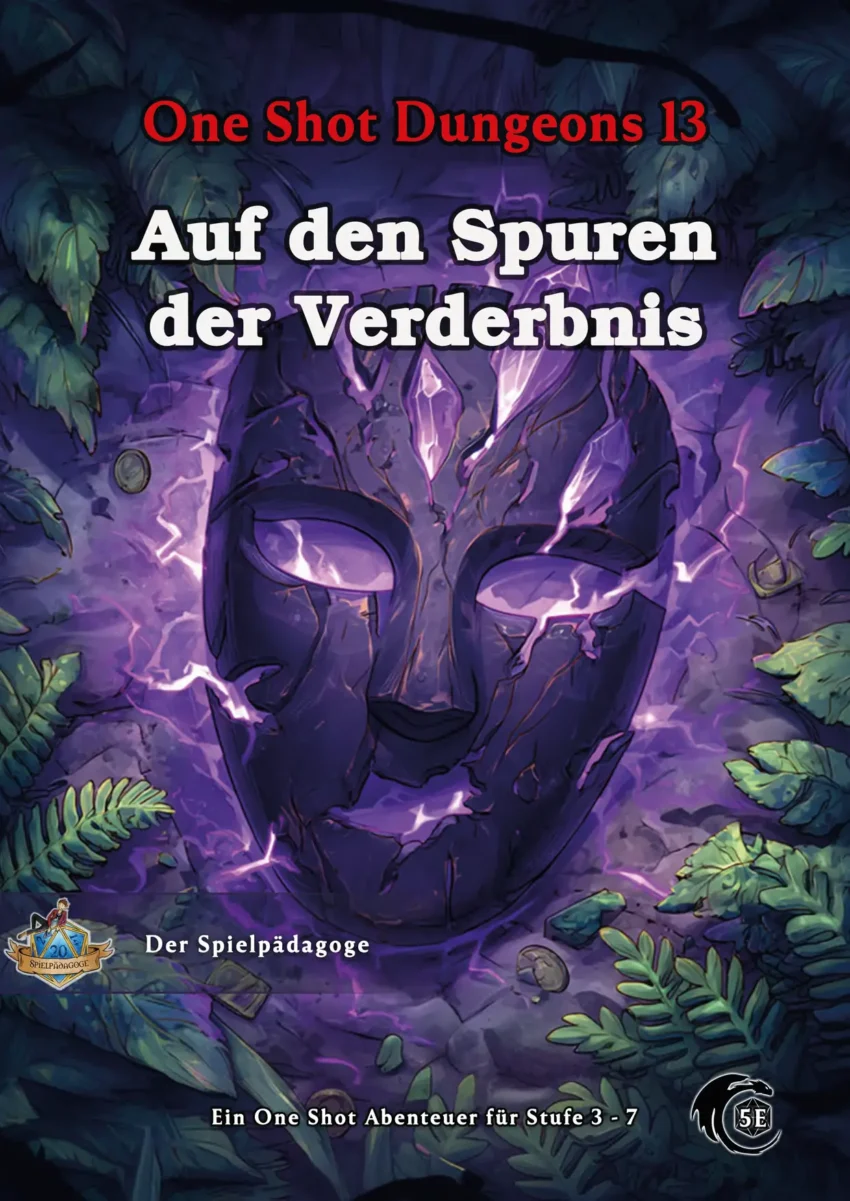 Auf dem Coverbild für das DnD Anfänger Abenteuer Auf den Spuren der Verderbnis ist eine schwarze, bröckelnde Maske zu sehen, von der ein mysteriöses, lila Leuchten ausgeht. Die Maske liegt auf dem Boden in mitten von Farn.