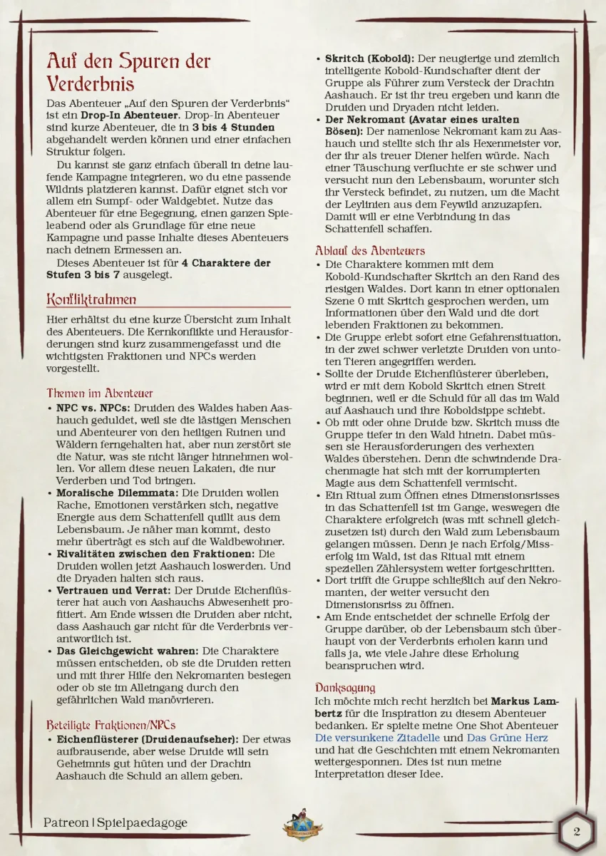 Auf dem Bild für das DnD Anfänger Abenteuer Auf den Spuren der Verderbnis befinden sich die Zusammenfassung des Abenteuers, die wesentlichen Konfliktpunkte im Abenteuer sowie die wichtigsten NPCs.