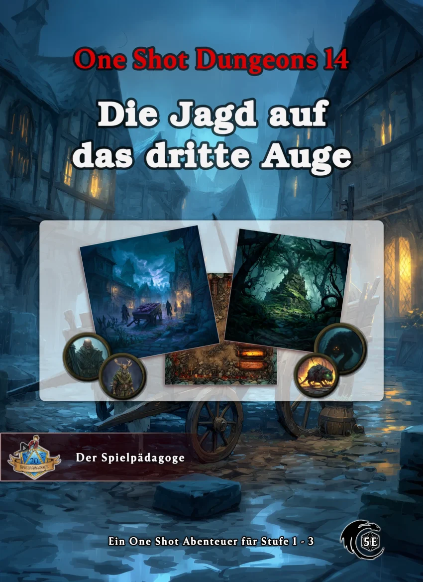 Auf dem Bild sind Stimmungsbilder und Tokens für das DnD Einsteiger Abenteuer Die Jagd auf das dritte Auge zu sehen und im Hintergrund ist eine ein Handkarren voller Leichen, bedeckt mit blutigen Lacken zu sehen, der zur Abenddämmerung auf dem Dorfplatz gefahren wurde.