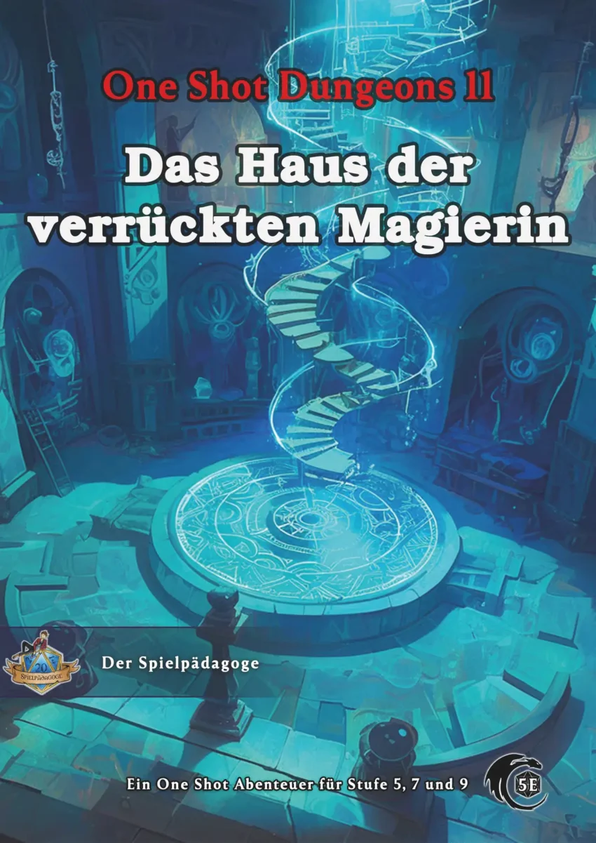 Auf dem Bild für das DnD Magier Abenteuer Das Haus der verrückten Magierin zu sehen und im Hintergrund ist eine spektrale Treppe zu sehen, die in blau leuchtenden Glyphen auf magische Weise planares Reisen ermöglicht.
