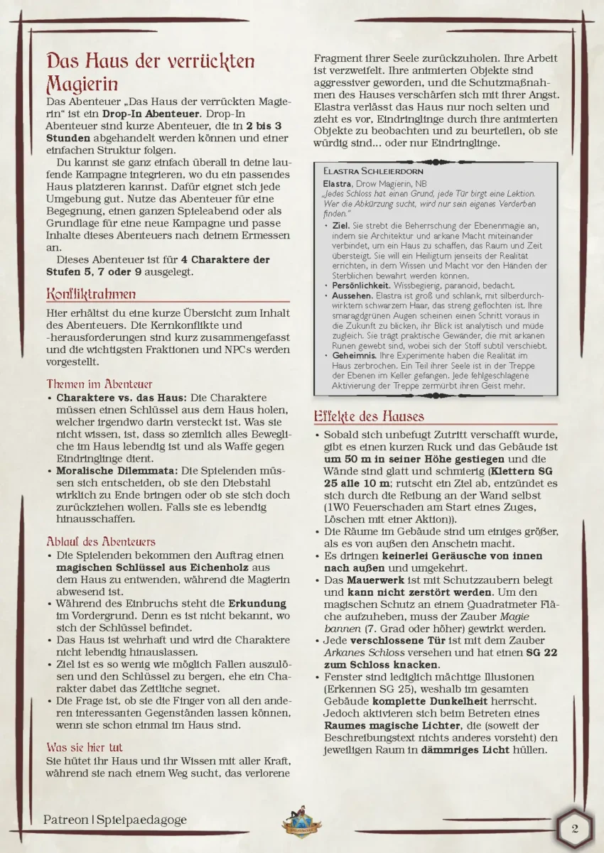 Auf dem Bild für das DnD Magier Abenteuer Das Haus der verrückten Magierin befinden sich die Zusammenfassung des Abenteuers, die wesentlichen Konfliktpunkte im Abenteuer sowie die wichtigsten NPCs.