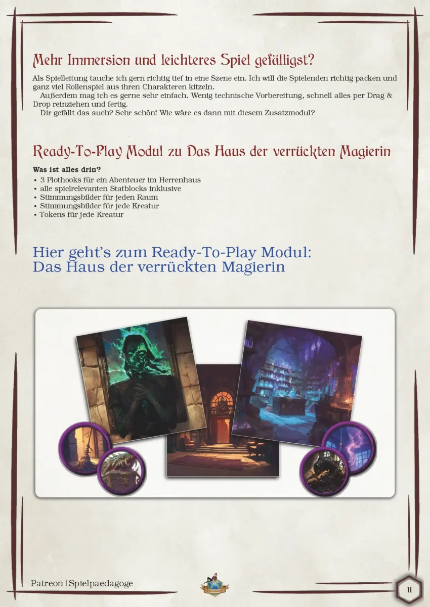 Auf dem Bild sind Stimmungsbilder und Tokens für das DnD Magier Abenteuer Das Haus der verrückten Magierin zu sehen