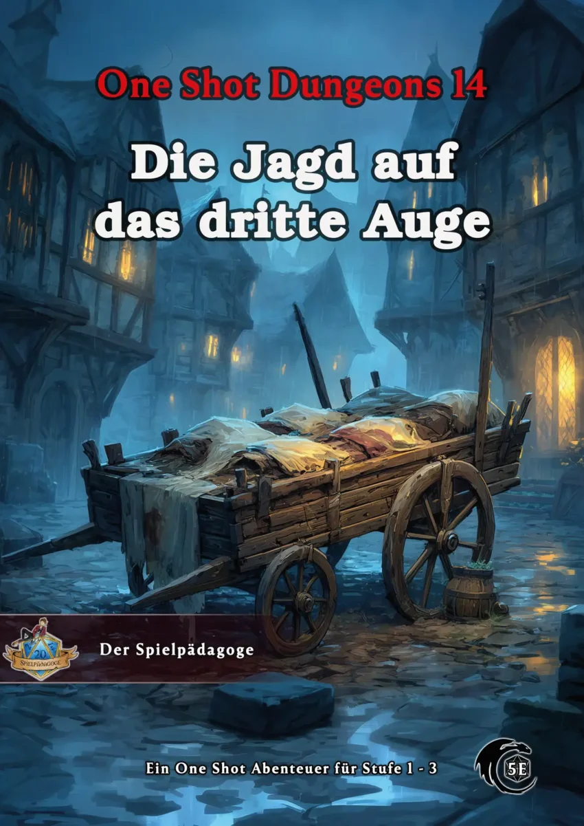Auf dem Bild für das DnD Einsteiger Abenteuer Die Jagd auf das dritte Auge zu sehen und im Hintergrund ist eine ein Handkarren voller Leichen, bedeckt mit blutigen Lacken zu sehen, der zur Abenddämmerung auf dem Dorfplatz gefahren wurde.