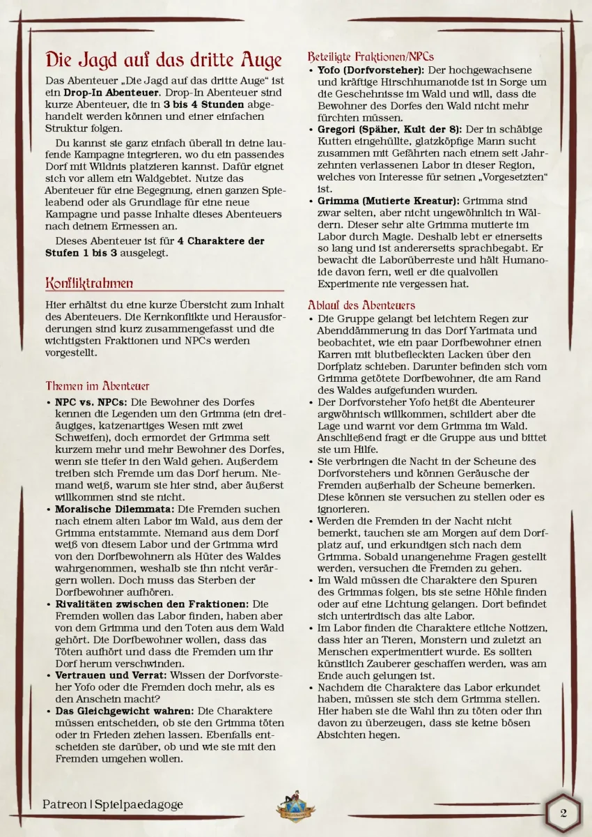 Auf dem Bild für das DnD Einsteiger Abenteuer Die Jagd auf das dritte Auge befinden sich die Zusammenfassung des Abenteuers, die wesentlichen Konfliktpunkte im Abenteuer sowie die wichtigsten NPCs.