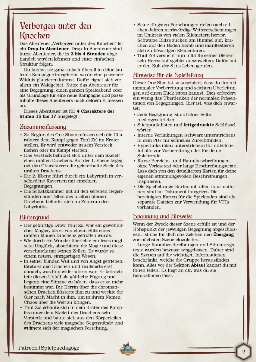 Auf dem Bild für das DnD Drachen Abenteuer Verborgen unter den Knochen befinden sich die Zusammenfassung des Abenteuers, die wesentlichen Konfliktpunkte im Abenteuer sowie die wichtigsten NPCs.