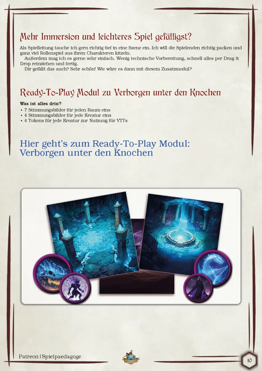 Auf dem Bild sind Stimmungsbilder und Tokens für das DnD Drachen Abenteuer Verborgen unter den Knochen zu sehen