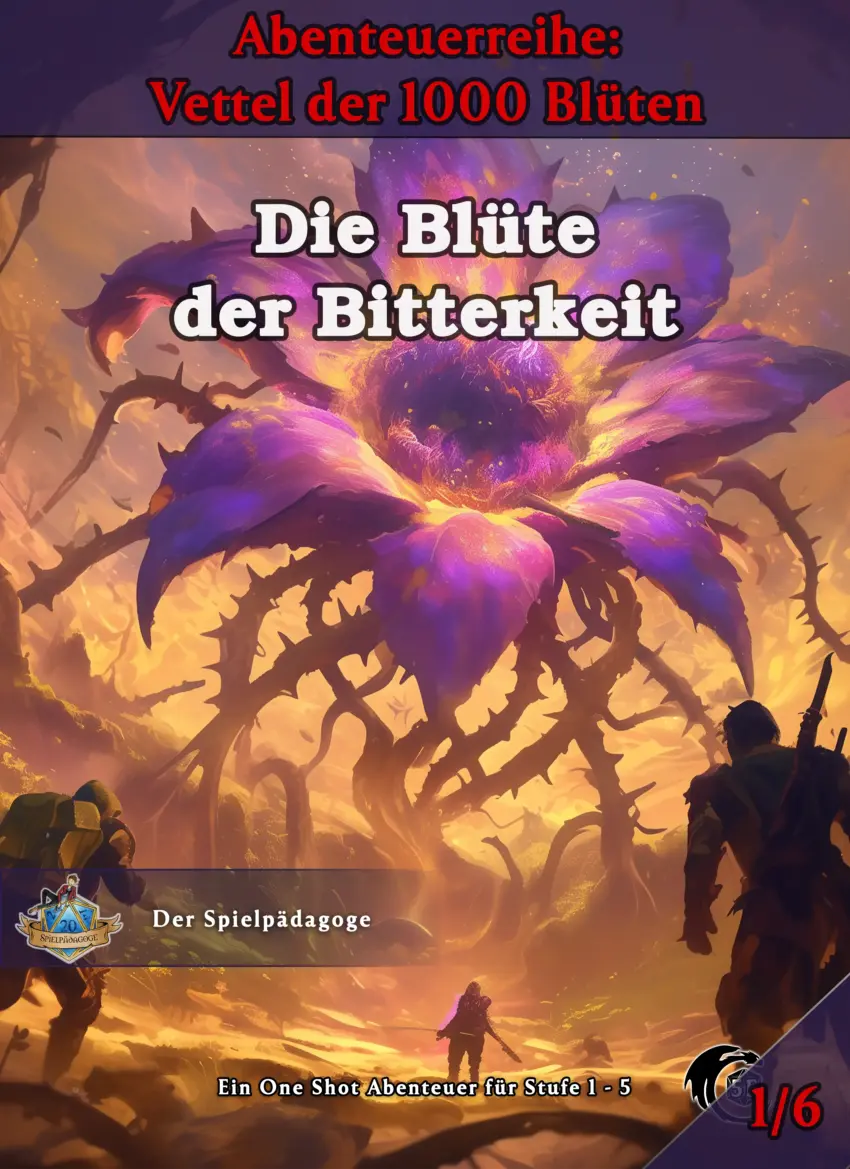 Auf dem Coverbild für das DnD Anfänger Abenteuer Die Blüte der Bitterkeit ist ein große lilafarbige Blüte auf einer Wiese zu sehen, die umgeben von Pollen und Bienen ist und auf die Abenteurer zu laufen.