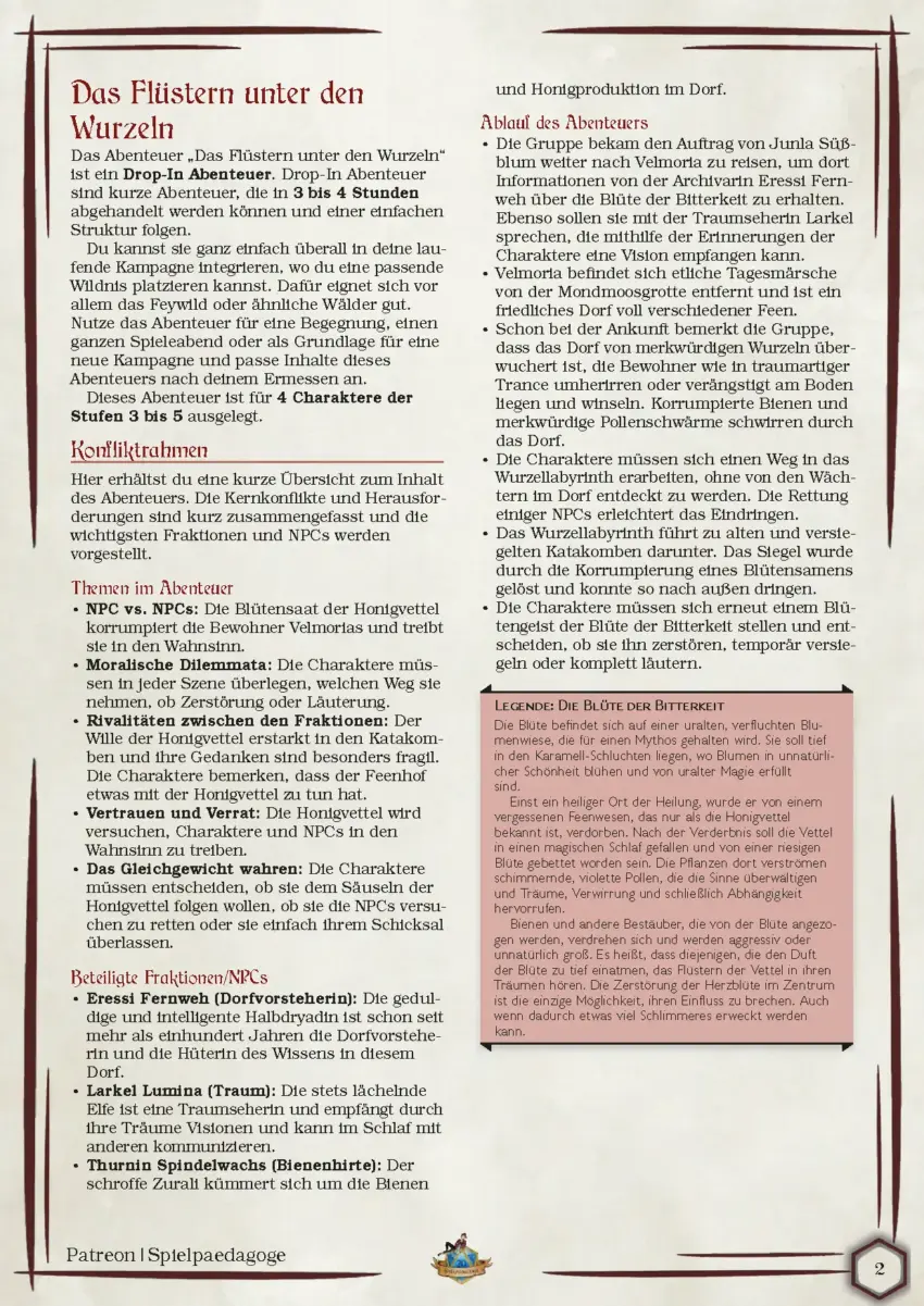 Auf dem Bild für das DnD Anfänger Abenteuer Das Flüstern unter den Wurzeln befinden sich die Zusammenfassung des Abenteuers, die wesentlichen Konfliktpunkte im Abenteuer sowie die wichtigsten NPCs.