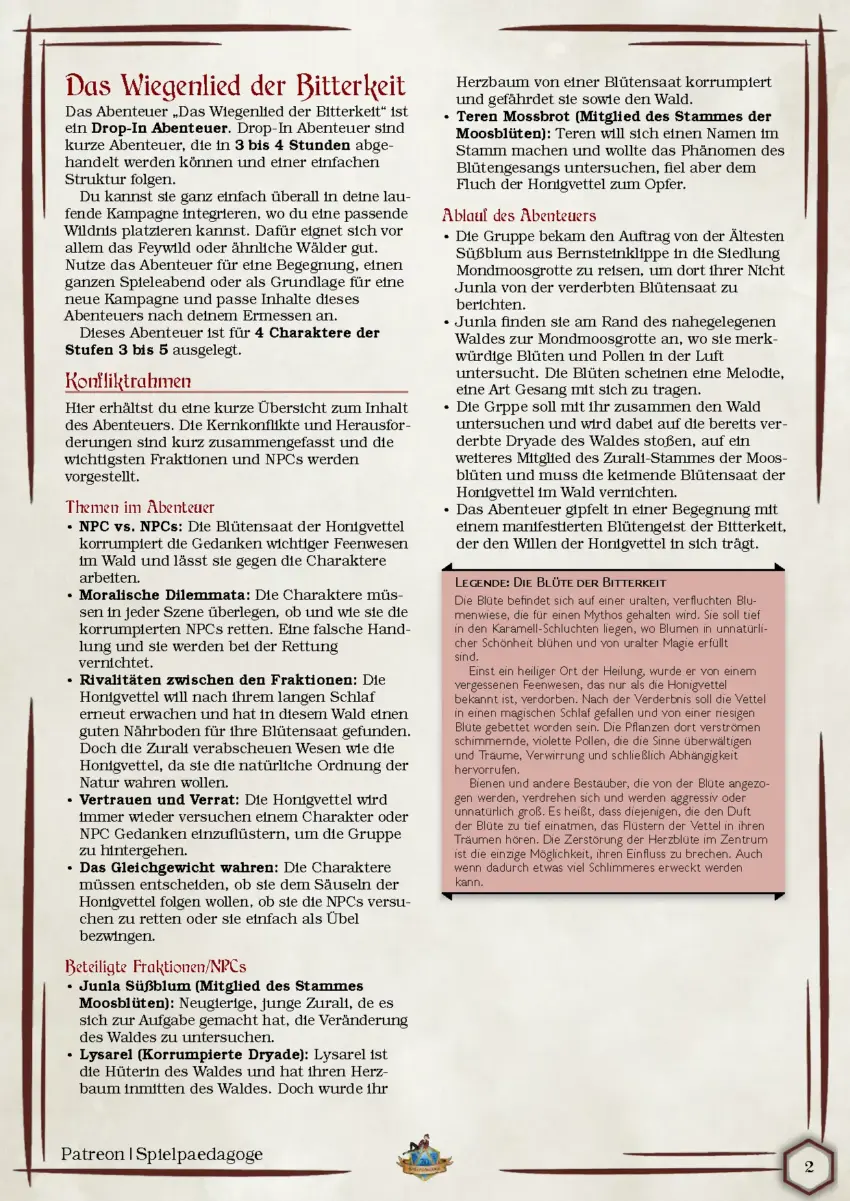 Auf dem Bild für das DnD Anfänger Abenteuer Das Wiegenlied der Bitterkeit befinden sich die Zusammenfassung des Abenteuers, die wesentlichen Konfliktpunkte im Abenteuer sowie die wichtigsten NPCs.