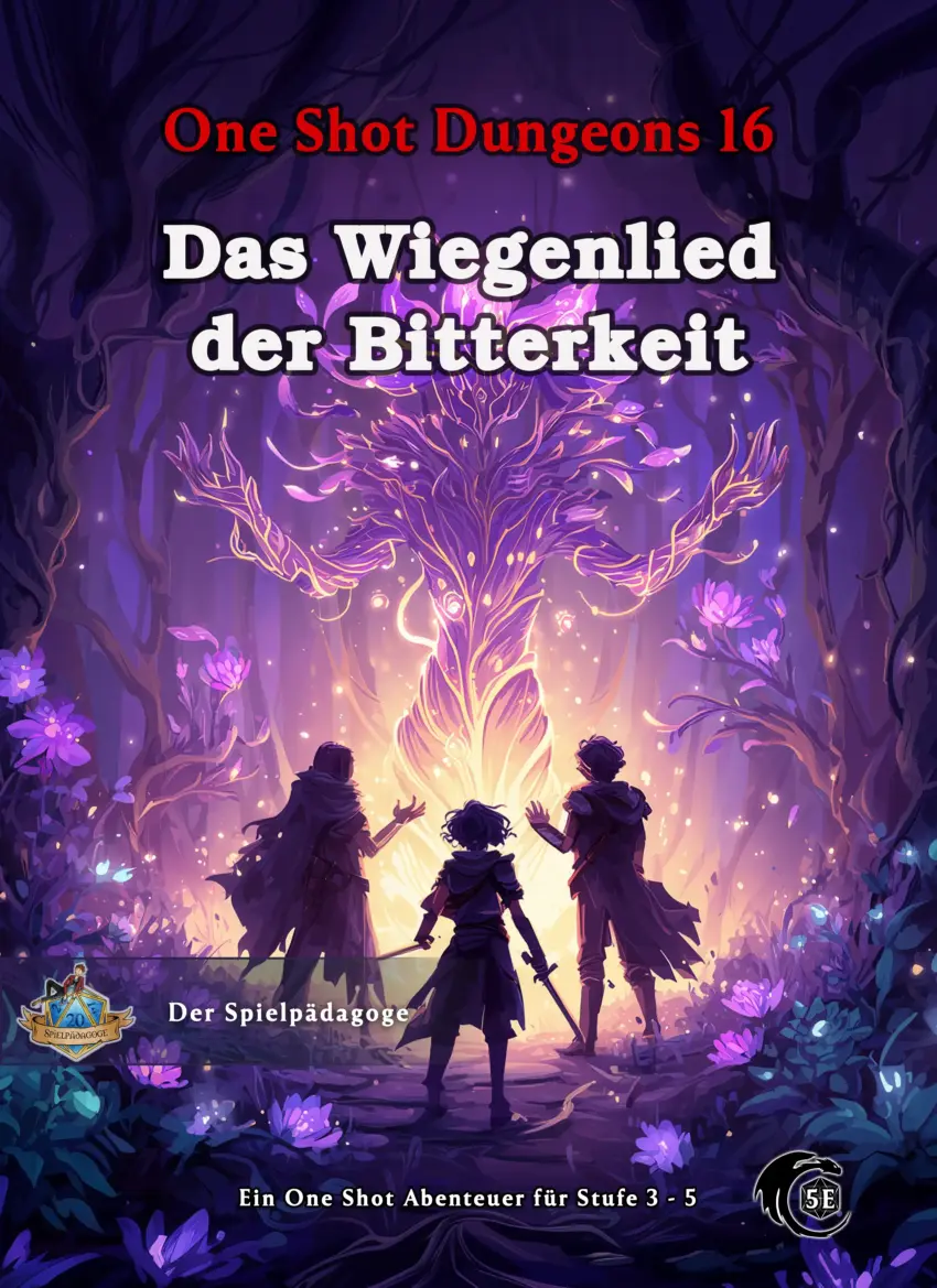 Auf dem Coverbild für das DnD Anfänger Abenteuer Das Wiegenlied der Bitterkeit ist ein großer erwachter lilafarbiger Blütengeist zu sehen, der umgeben von magischen Pollen und lila Blüten ist. Vor ihm stehen drei tapfere Abenteurer.