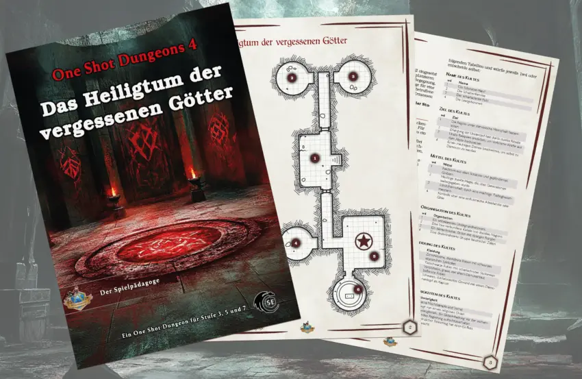Auf dem Bild des DnD5 One Shot Abenteuer Das Heiligtum der vergessenen Götter befindet sich ein magischer Kreis mit Blut gezeichnet. An den Wänden sind mit Blut Runen gezeichnet. Das Bild hat eine gruselige Stimmung