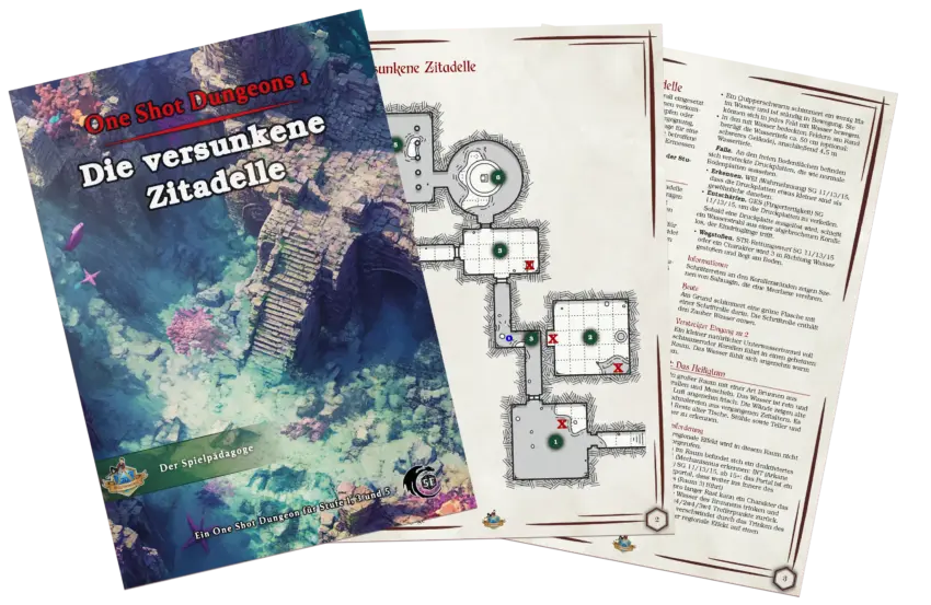 Auf dem Coverbild des DnD Abenteuer deutsch Die versunkene Zitadelle sind Unterwasserruinen am Meeresgrund zu sehen. Dort wachsen überall Korallen drauf.