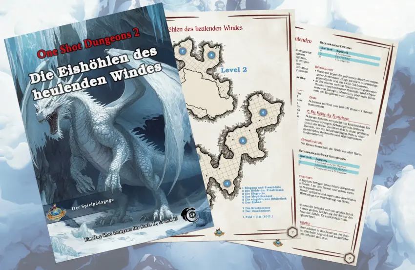 Auf dem Coverbild des DnD One Shot Abenteuers Die Eishöhlen des heulenden Windes ist ein ausgewachsener weißer Drache zu sehen, der bedrohlich vor seinem Dungeon steht
