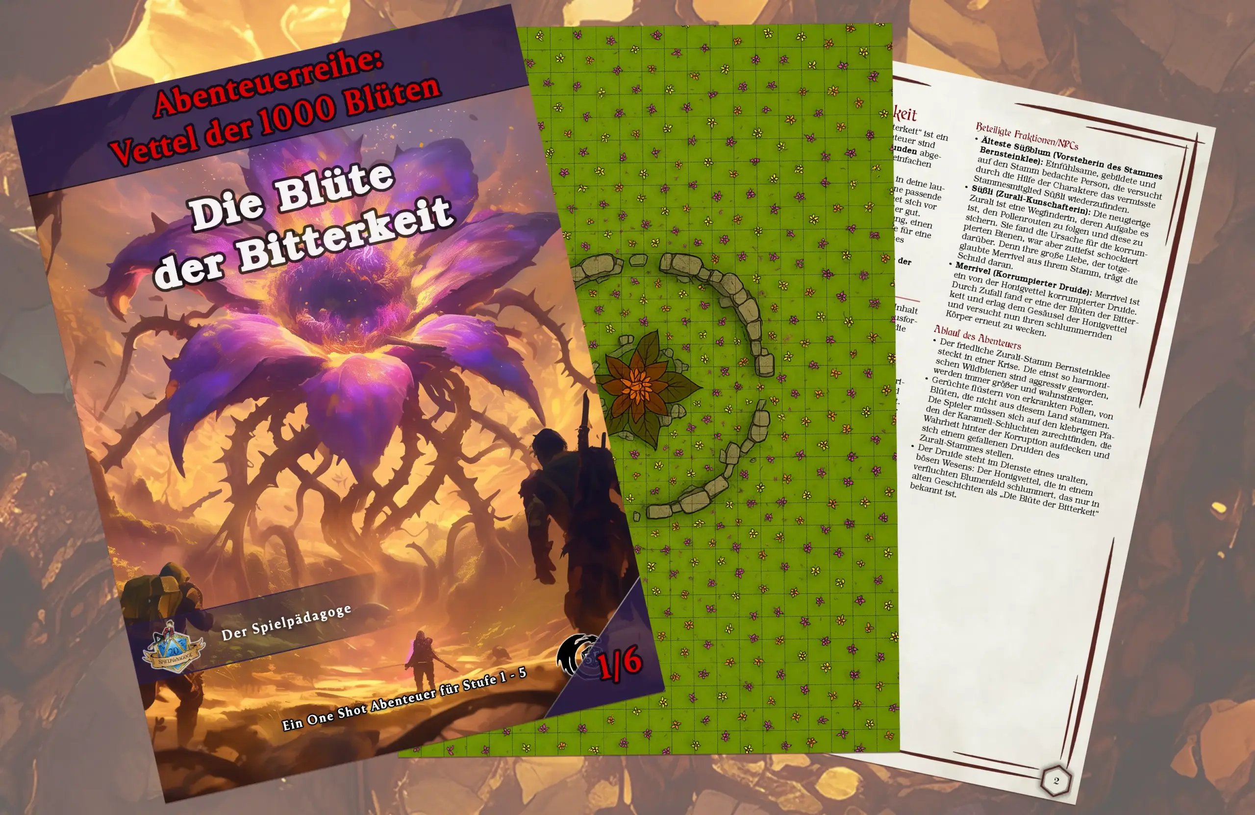 Bildübersicht mit Einblick in die Battlemap, die magischen Gegenstände und das Coverbild zum DnD Anfänger Abenteuer Die Blüte der Bitterkeit für D&D 5e.