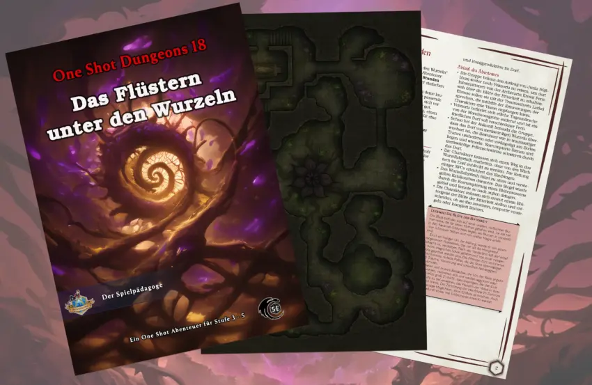Auf dem Coverbild für das DnD Anfänger Abenteuer Das Flüstern unter den Wurzeln ist im Hintergrund ein dorniger Wurzelpfad zu sehen, der tief in die Erde führt und voll violetter Pollen ist.