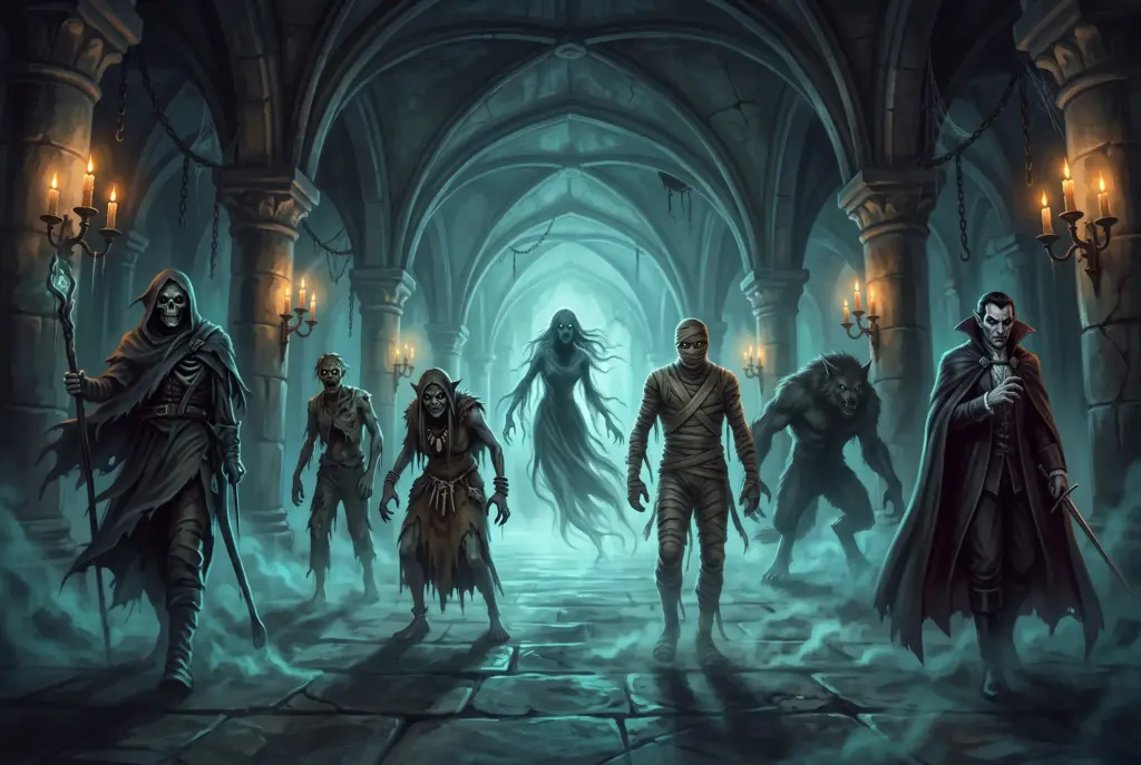 DnD Horror Monster Untote, die nachts durch ein verlassenes Gewölbe streifen.