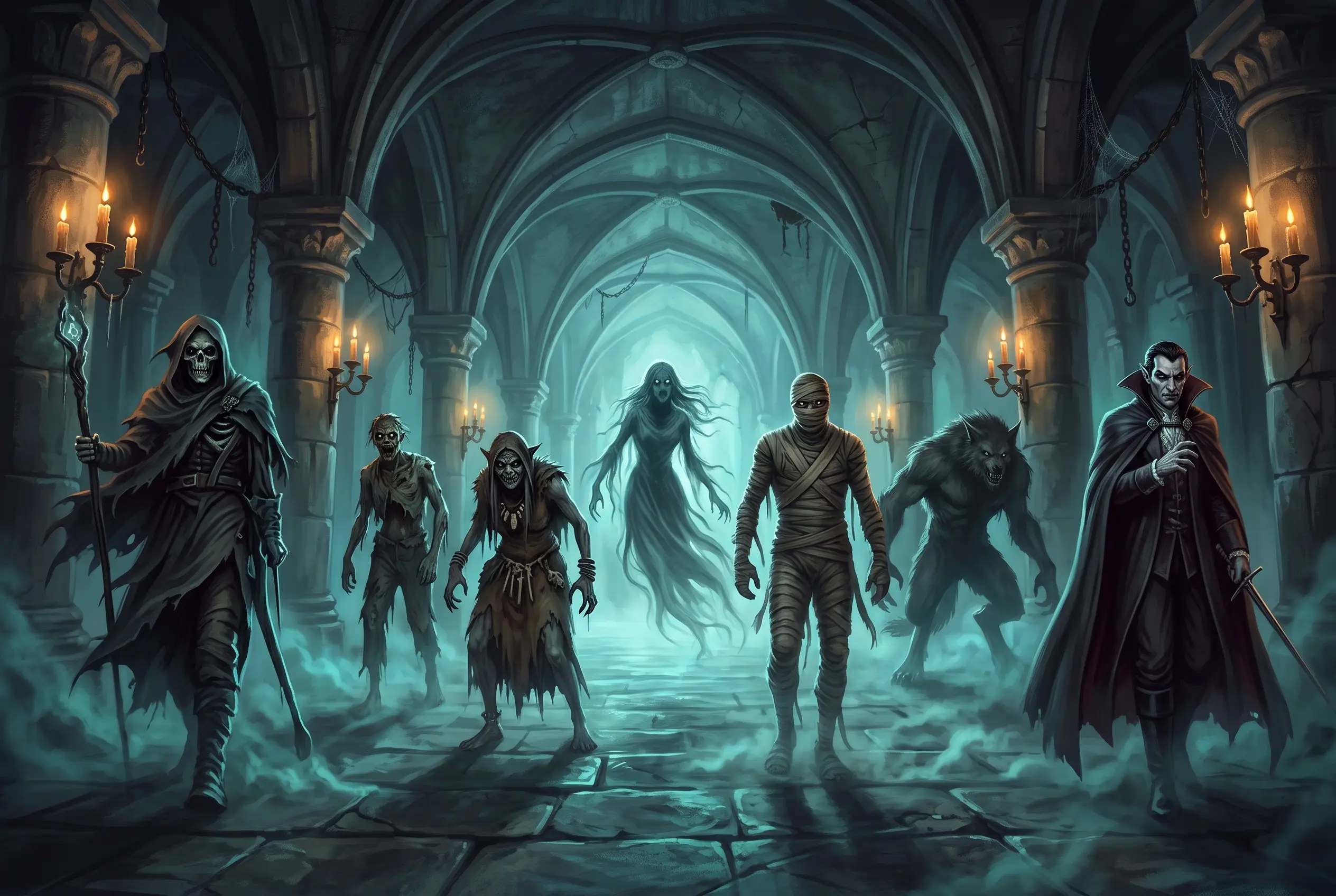 DnD Horror Monster Untote, die nachts durch ein verlassenes Gewölbe streifen.