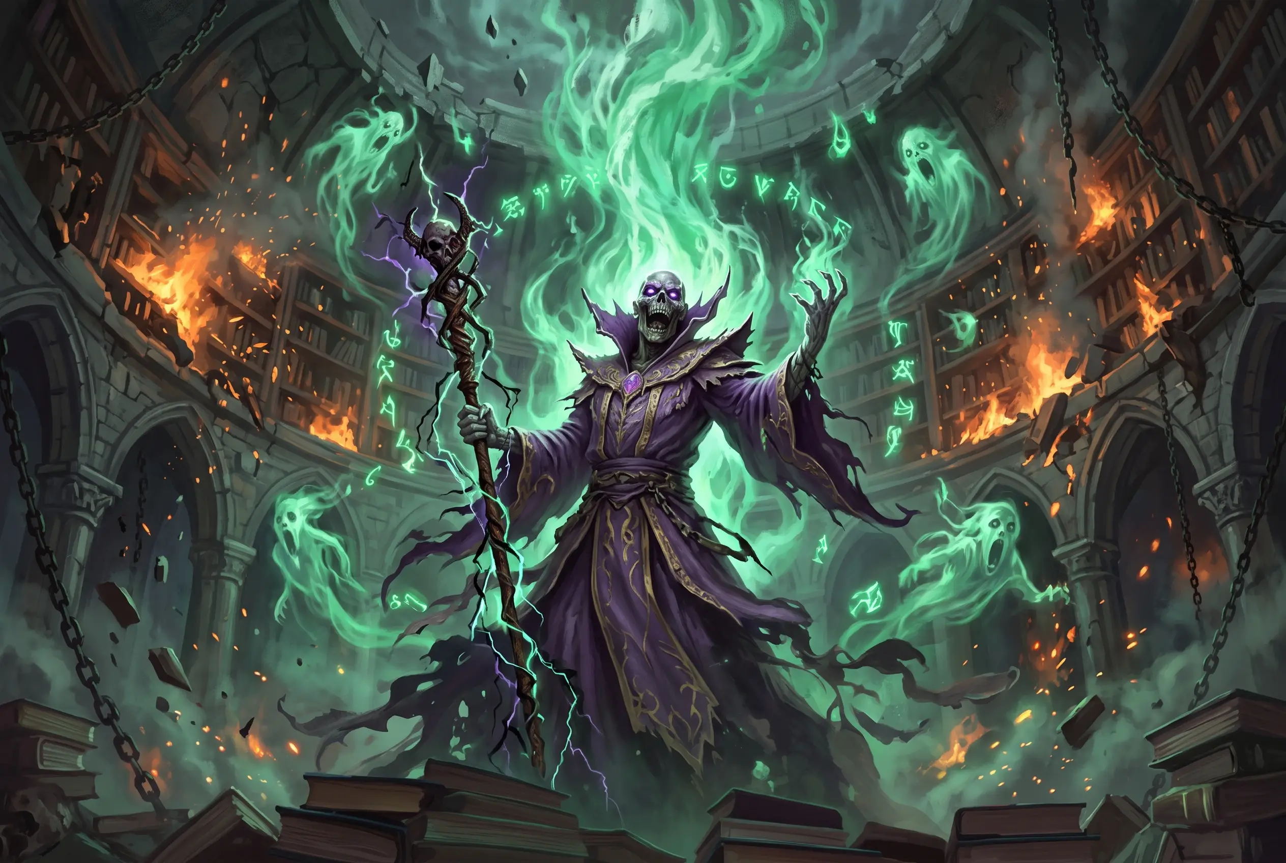 DnD Horror Monster Lich, der gerade seine nekrotische Magie kanalisiert und in die Kuppel einer alten Bibliothek leitet.