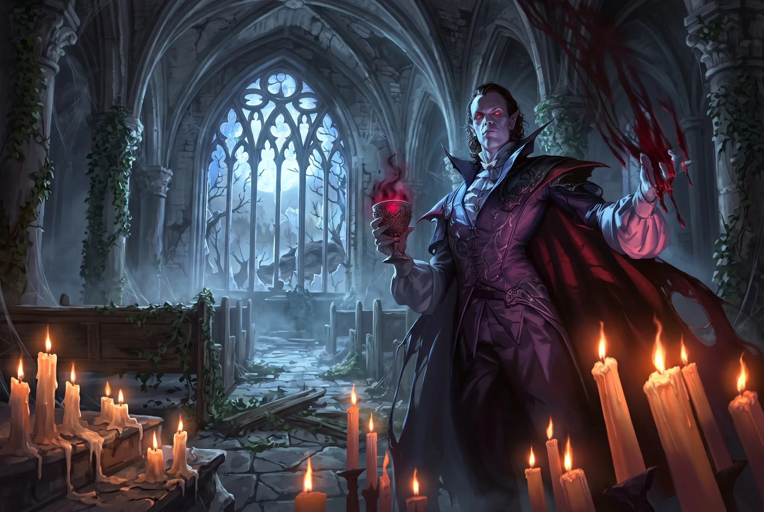 DnD Horror Monster Vampir, der gerade einen Kelch voll Blut in der Hand hält und seine Schatten heraufbeschwört..