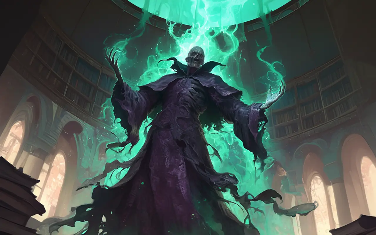 lich_blog DnD Horror Monster Lich, der gerade seine nekrotische Magie kanalisiert und in die Kuppel einer alten Bibliothek leitet.