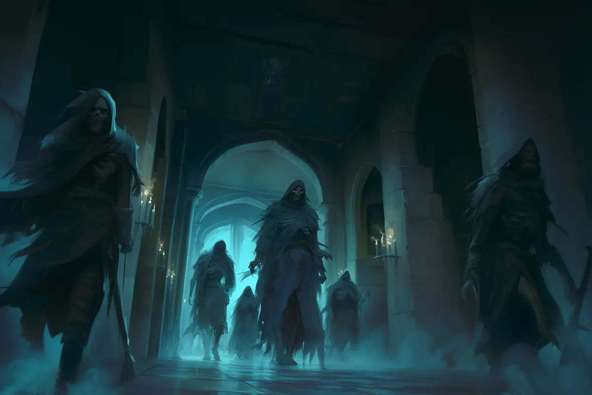DnD Horror Monster Untote, die nachts durch ein verlassenes Gewölbe streifen.