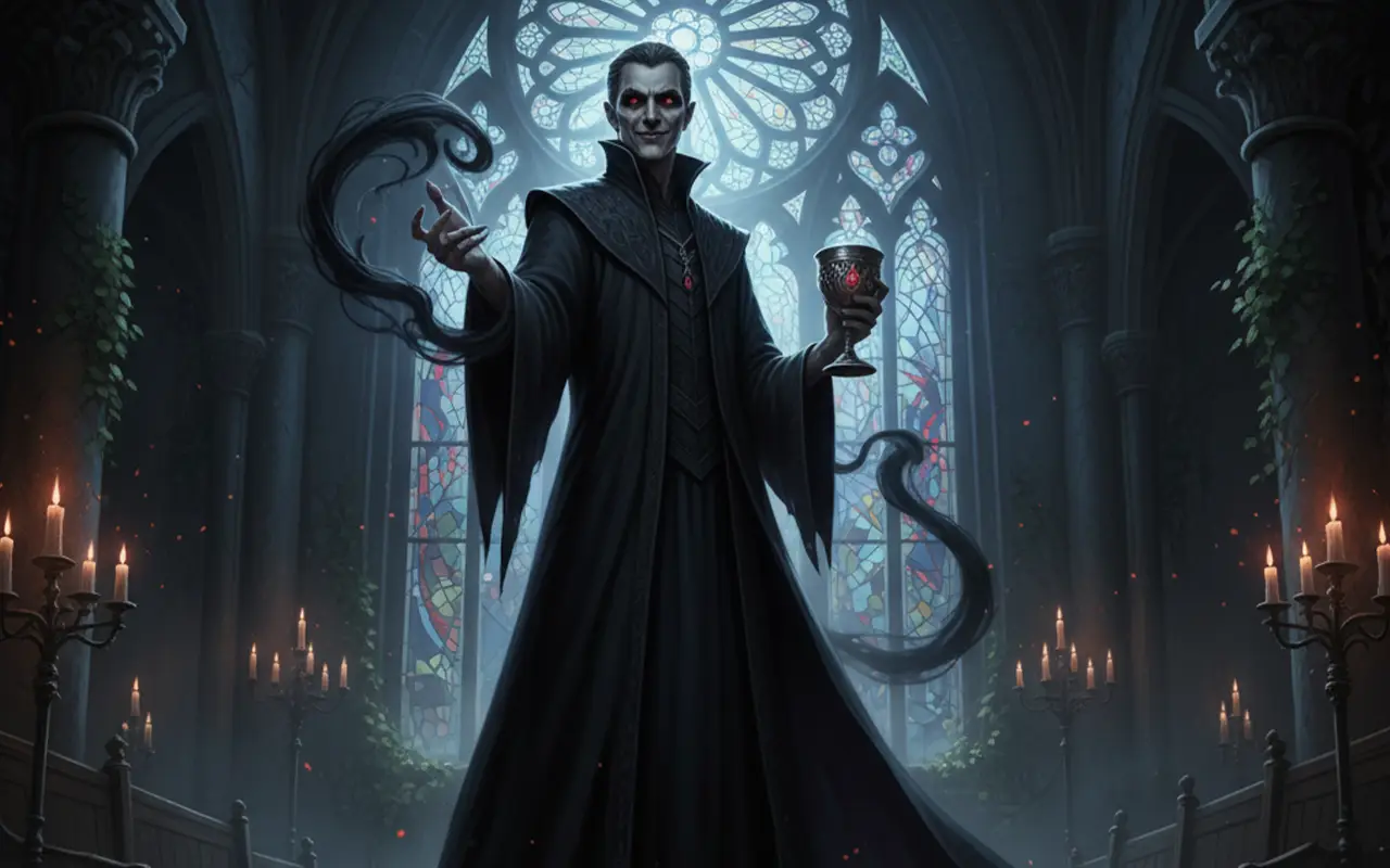 vampir_blog DnD Horror Monster Vampir, der gerade einen Kelch voll Blut in der Hand hält und seine Schatten heraufbeschwört..