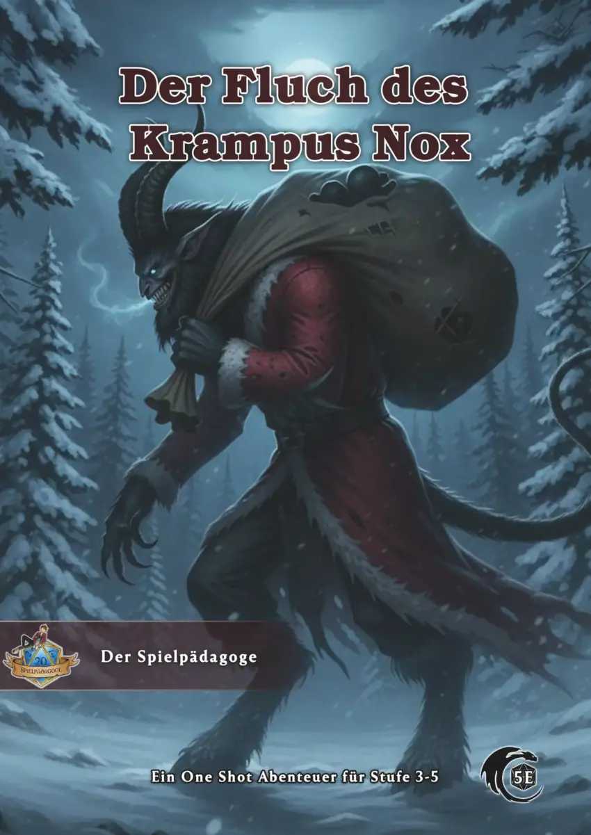 Coverbild zum DnD Weihnachts One Shot Abenteuer Der Der Fluch des Krampus Nox für D&D 5e, auf dem der Krampus in einer verschneiten Nacht mit seinem Sack und dem Weihnachtsmannumhang fies grinsend steht.