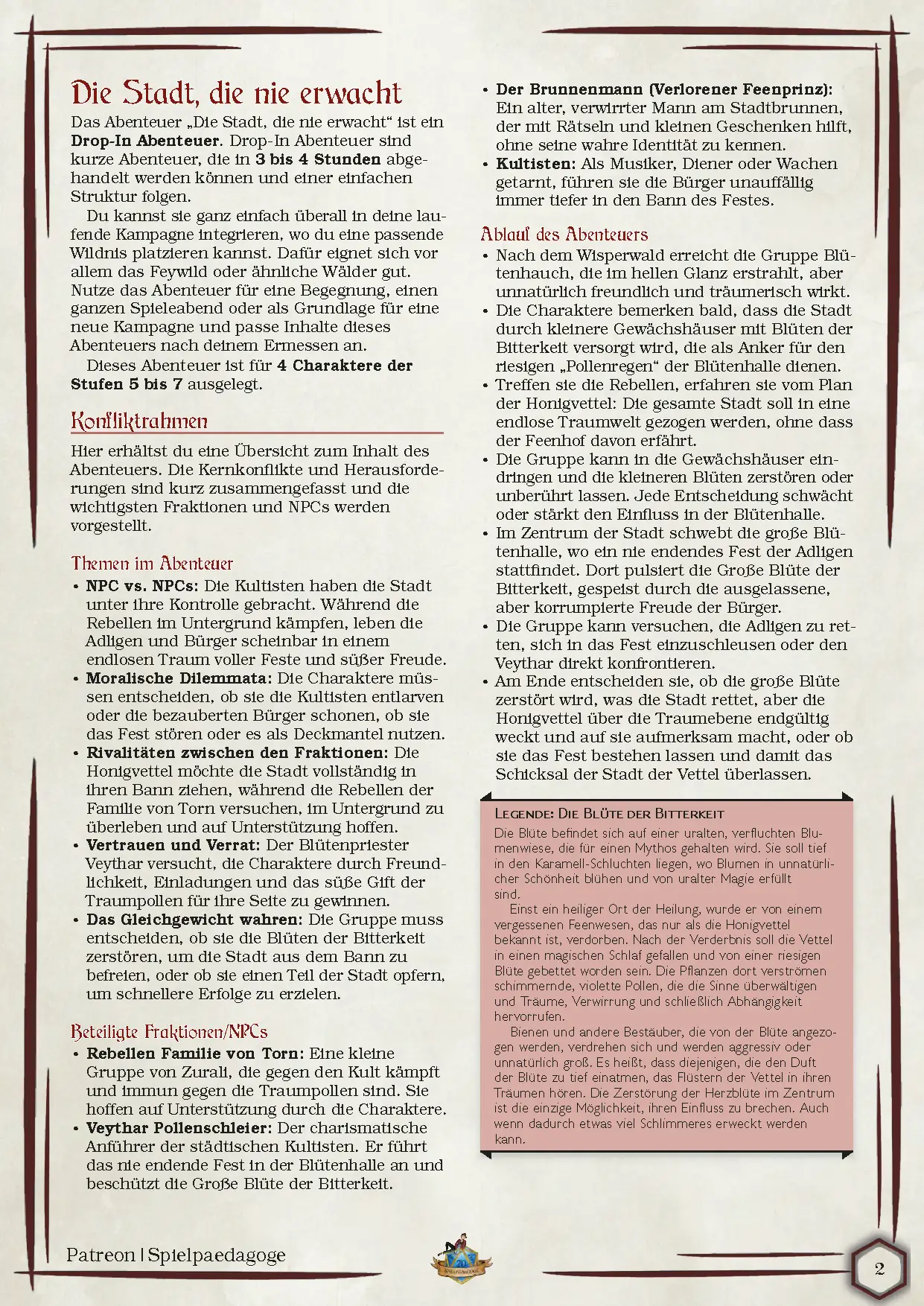 Auf dem Bild für das DnD Anfänger Abenteuer Die Stadt, die niemals erwacht befinden sich die Zusammenfassung des Abenteuers, die wesentlichen Konfliktpunkte im Abenteuer sowie die wichtigsten NPCs.