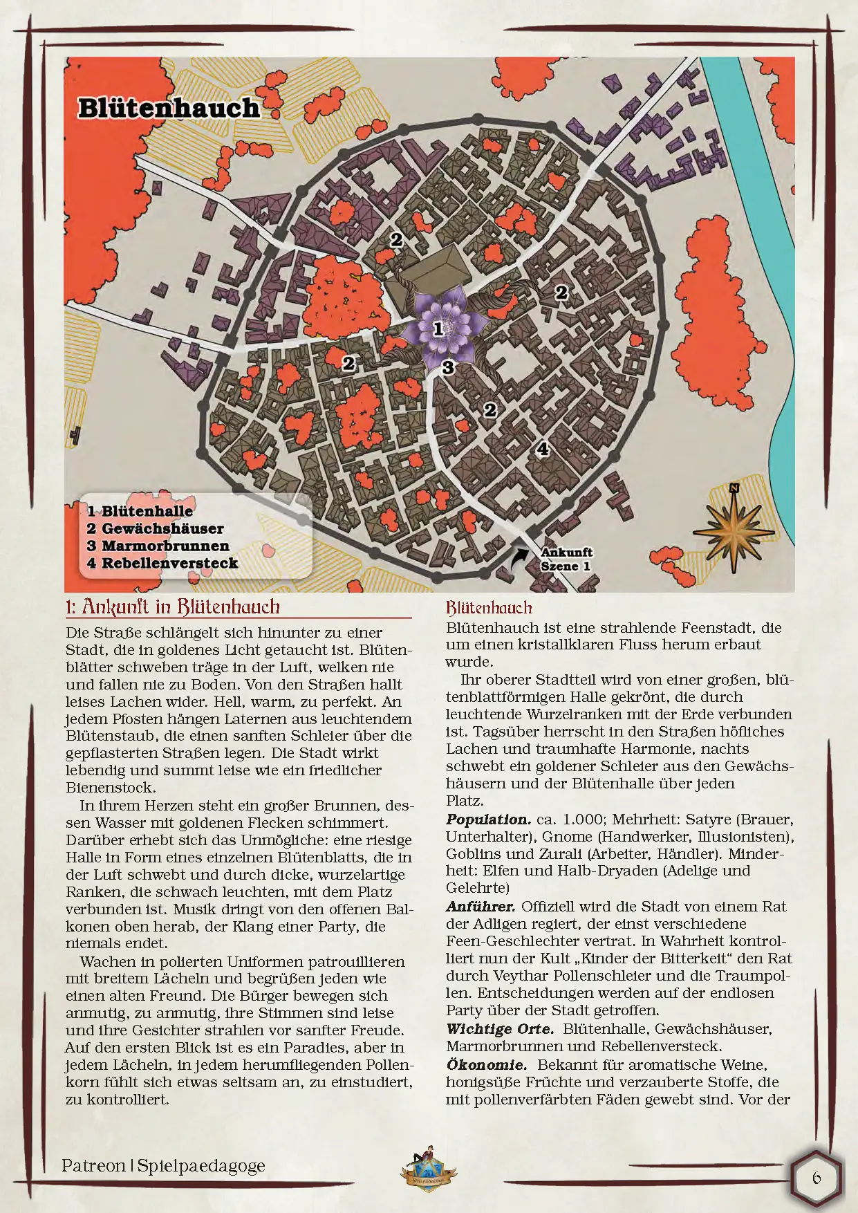 Auf dem Bild für das DnD Anfänger Abenteuer Die Stadt, die niemals erwacht befinden sich die Beschreibung der Feenstadt Blütenhauch, in der das Abenteuer spielt und die beschriftete Karte.