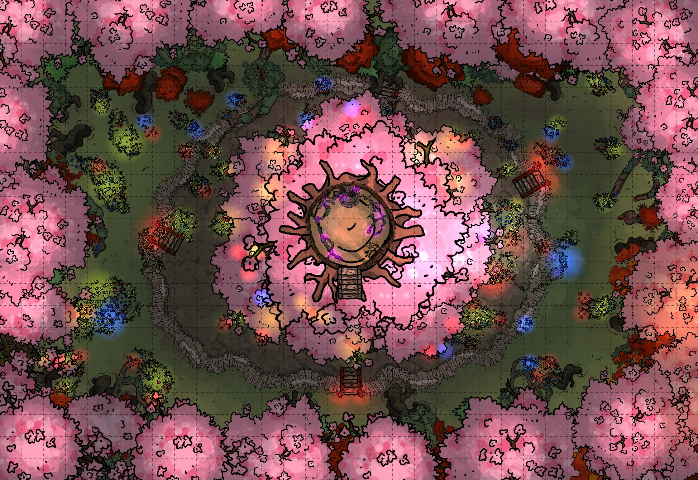 Auf dem Bild für die DnD Feywild Kampagne Vettel der 1000 Blüten ist eine exemplarische Battlemap abgebildet. Diese zeigt einen Teil des Feywilds mit leuchtend rosa farbenden Bäumen und im Zentrum ein alter Feenschrein in einem Baumstumpf.