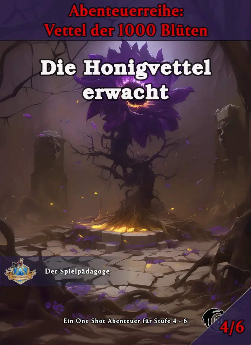 Auf dem Coverbild für das DnD Anfänger Abenteuer Die Honigvettel erwacht ist im Hintergrund eine große lila Blüte zu sehen, die inmitten einer Höhle zwischen Steinsäulen erblüht und lilafarbene Pollen verteilt.