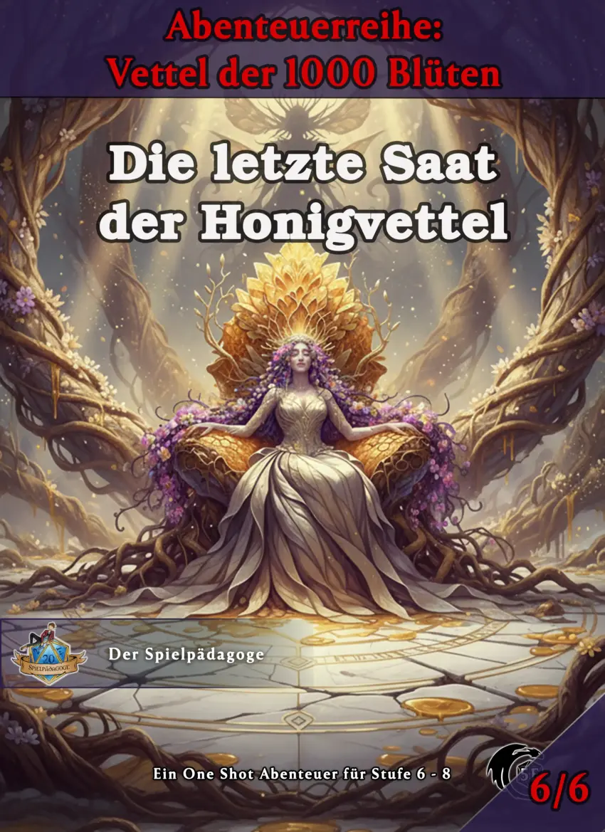 Auf dem Coverbild für das DnD Anfänger Abenteuer Die letzte Saat der Honigvettel ist im Hintergrund die Erzfee des Blütenreiches auf ihrem Honigwabenthron zu sehen. Sie ist umringt von Wurzeln und schläft. Über ihr schwebt eine düstere Gestalt als Schatten.