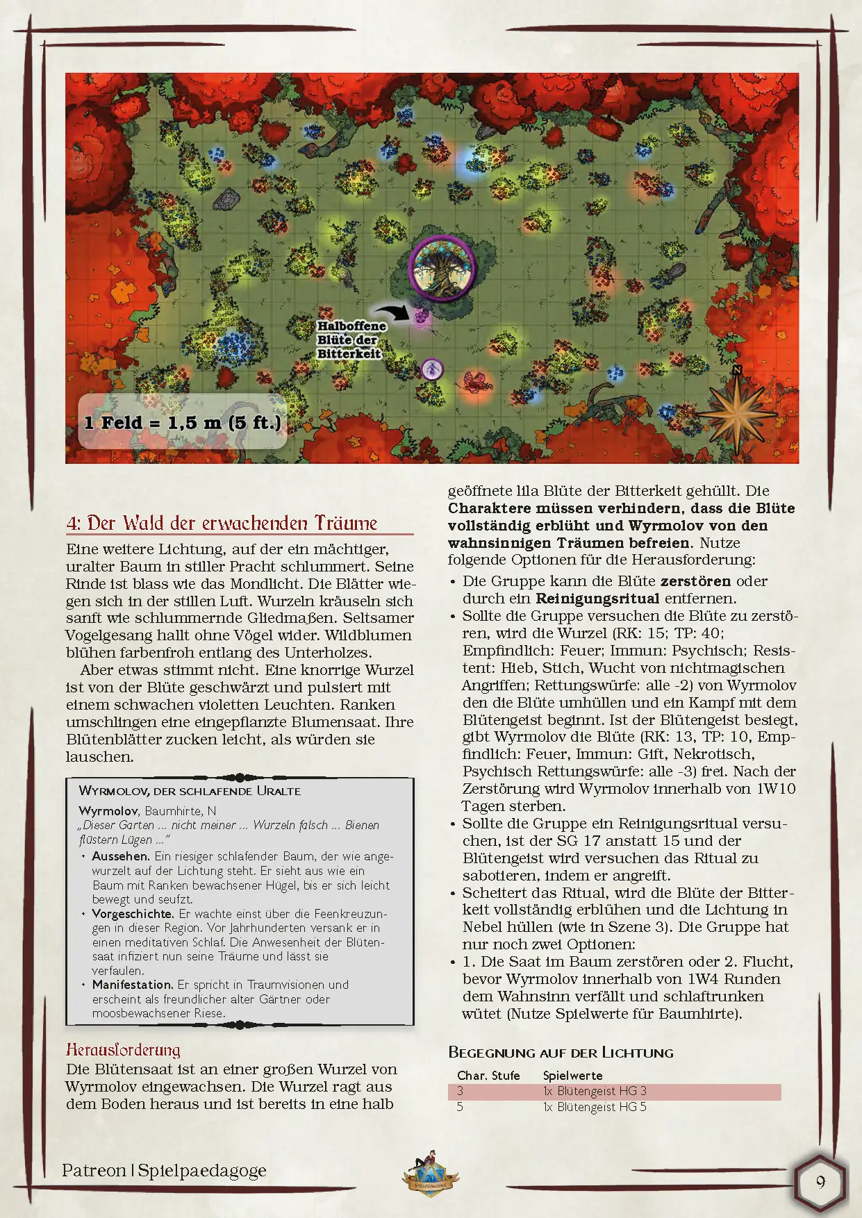 Auf dem Bild für die DnD Feywild Kampagne Vettel der 1000 Blüten befinden eine Übersichtkarte und eine dazugehörige Beschreibung zur Karte. Weiterhin ein eingerahmter Block, indem der zentrale NPC der Szene beschrieben ist.