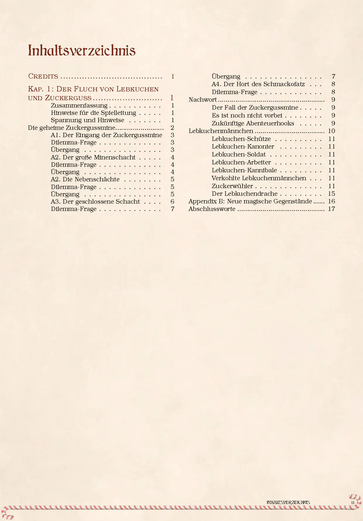 Inhaltsverzeichnis zum DnD Weihnachts Oneshot Die Zuckergussmine des Lekrumanten für D&D 5e.