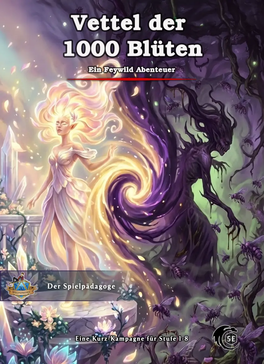 Auf dem Coverbild für die DnD Feywild Kampagne Vettel der 1000 Blüten ist im Hintergrund auf der linken Seite die Erzfee des Blütenreiches auf ihrem Honigwabenthron zu sehen. Sie ist umringt von hellem, strahlendem Blütenpollen und Licht. Auf der rechten Seiten ist die schattenartige Silhouette der Honigvettel in lila dunkle Pollen mit ihren korrumpierten Bienen abgebildet.
