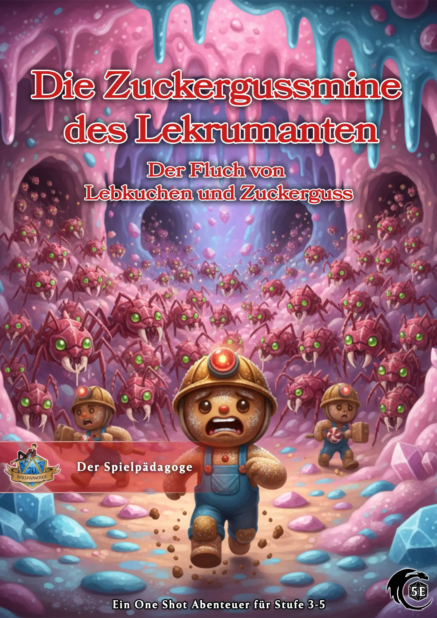Coverbild zum DnD Weihnachts Oneshot Die Zuckergussmine des Lekrumanten für D&D 5e, auf dem Lebkuchen-Arbeiter in einer Zuckergussmine vor einem Schwarm insektenartiger Zuckerwühler flieht.