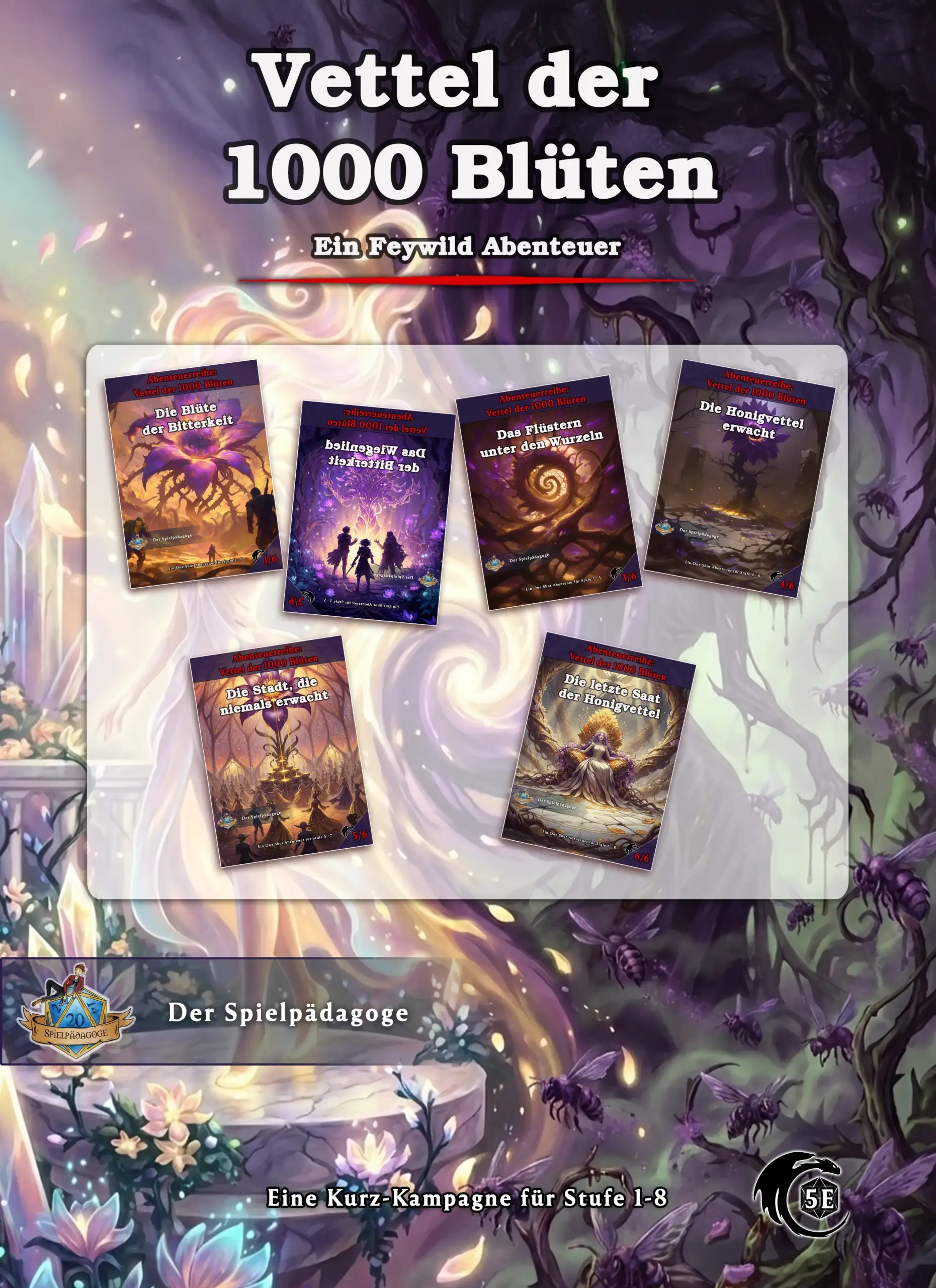 Auf dem Bild für die DnD Feywild Kampagne Vettel der 1000 Blüten ist eine minimierte Übersicht aller Cover der sechs Einzelabenteuer der Mini-Kampagne. Im Hintergrund auf der linken Seite die Erzfee des Blütenreiches auf ihrem Honigwabenthron zu sehen. Sie ist umringt von hellem, strahlendem Blütenpollen und Licht. Auf der rechten Seiten ist die schattenartige Silhouette der Honigvettel in lila dunkle Pollen mit ihren korrumpierten Bienen abgebildet.